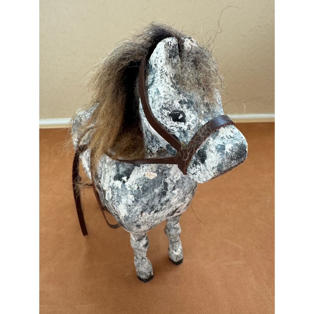 Vintage Primitive Dapple Gray Horse Figurine Wool Mane Western Farmhouse Decor - Picture 3 of 12